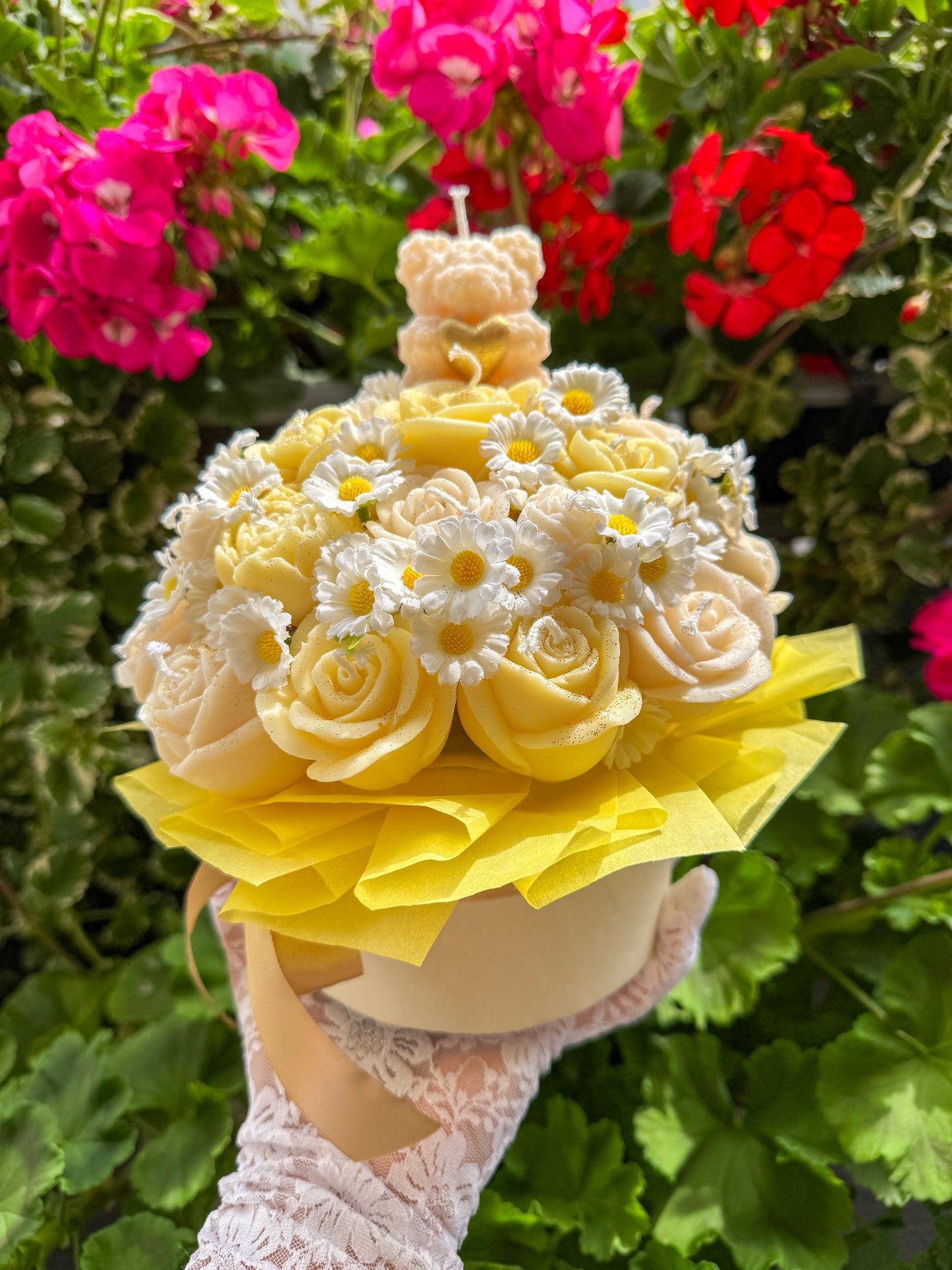 Candle Bouquet with Mini Rose Bear