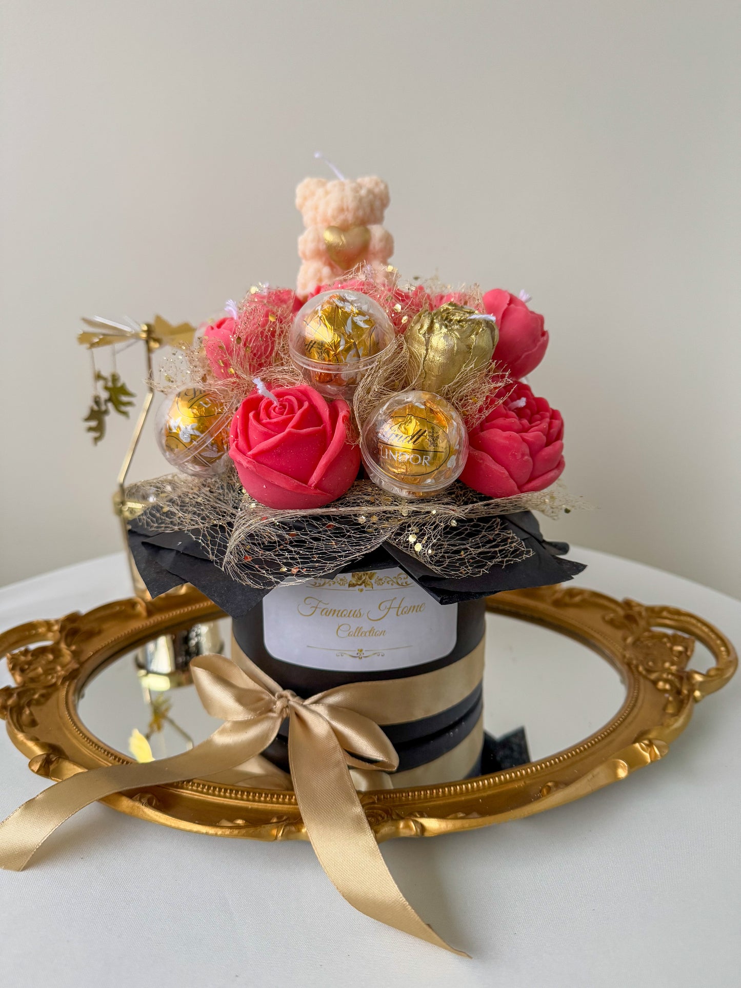 Candle Bouquet With Mini Rose Bear & Lindt Chocolates