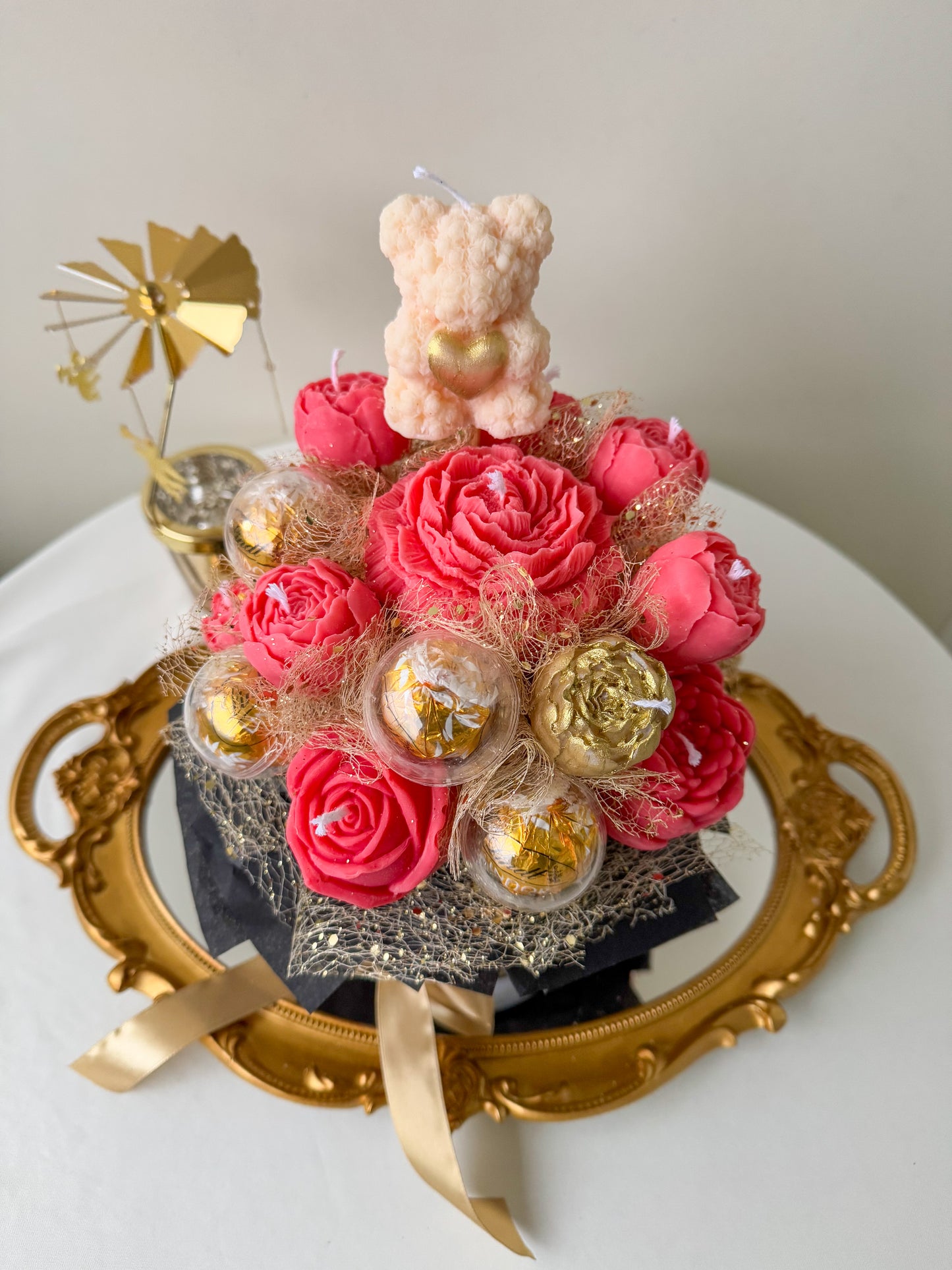 Candle Bouquet With Mini Rose Bear & Lindt Chocolates