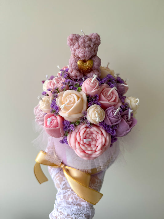 Candle Bouquet with Mini Rose Bear