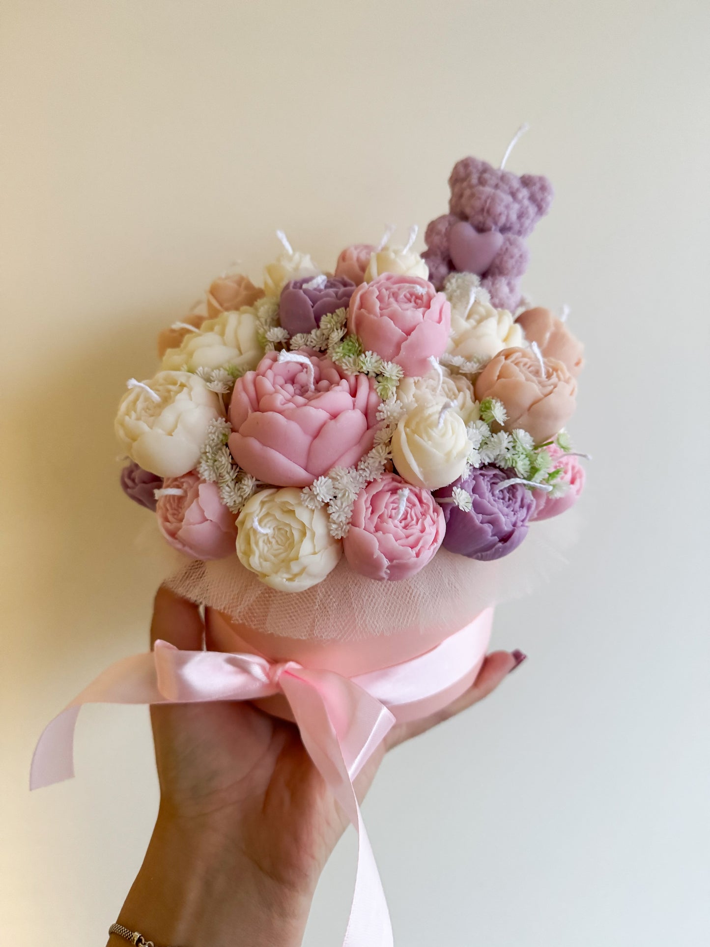 Bouquet de bougies avec mini ours en rose