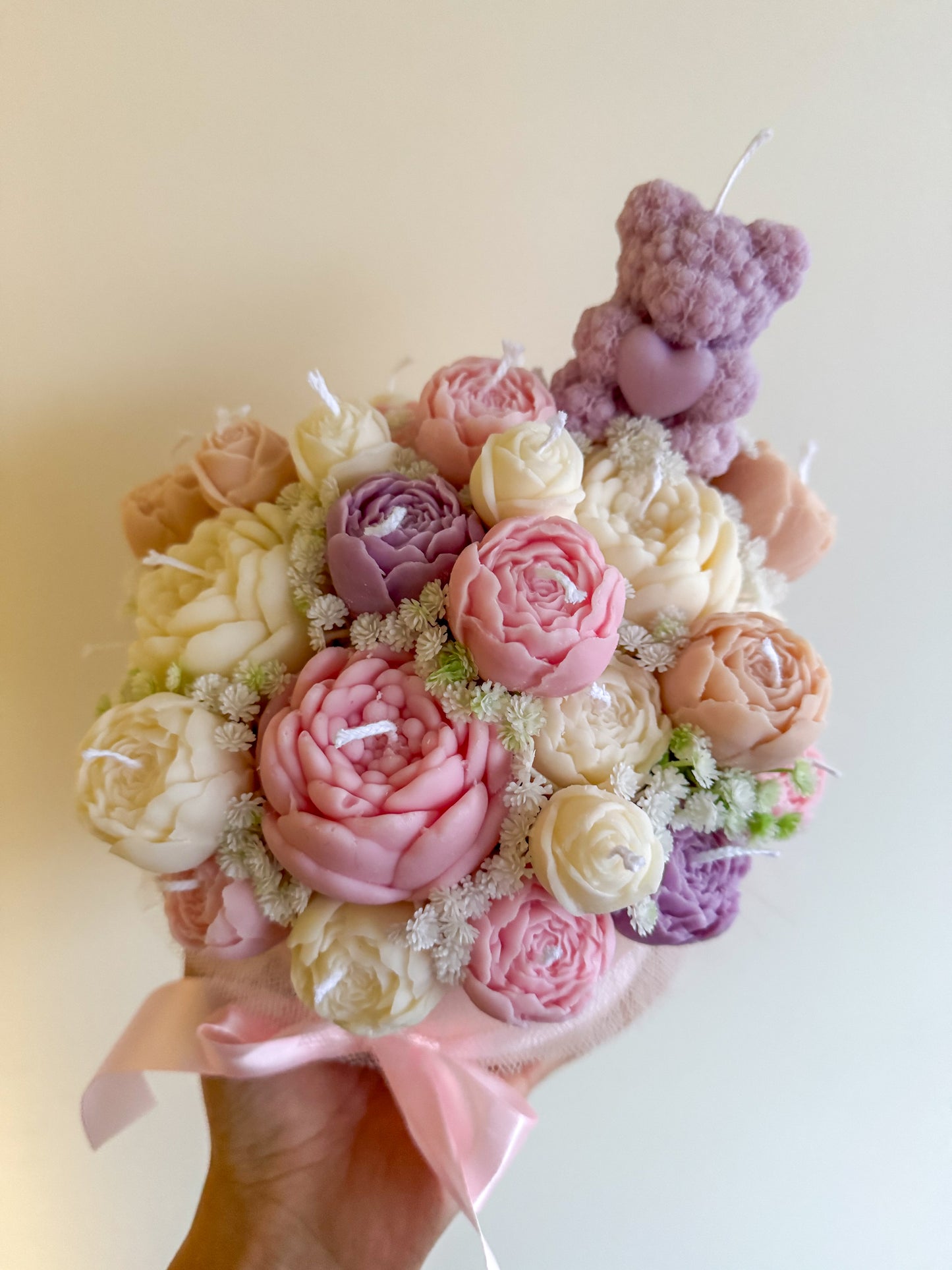 Bouquet de bougies avec mini ours en rose