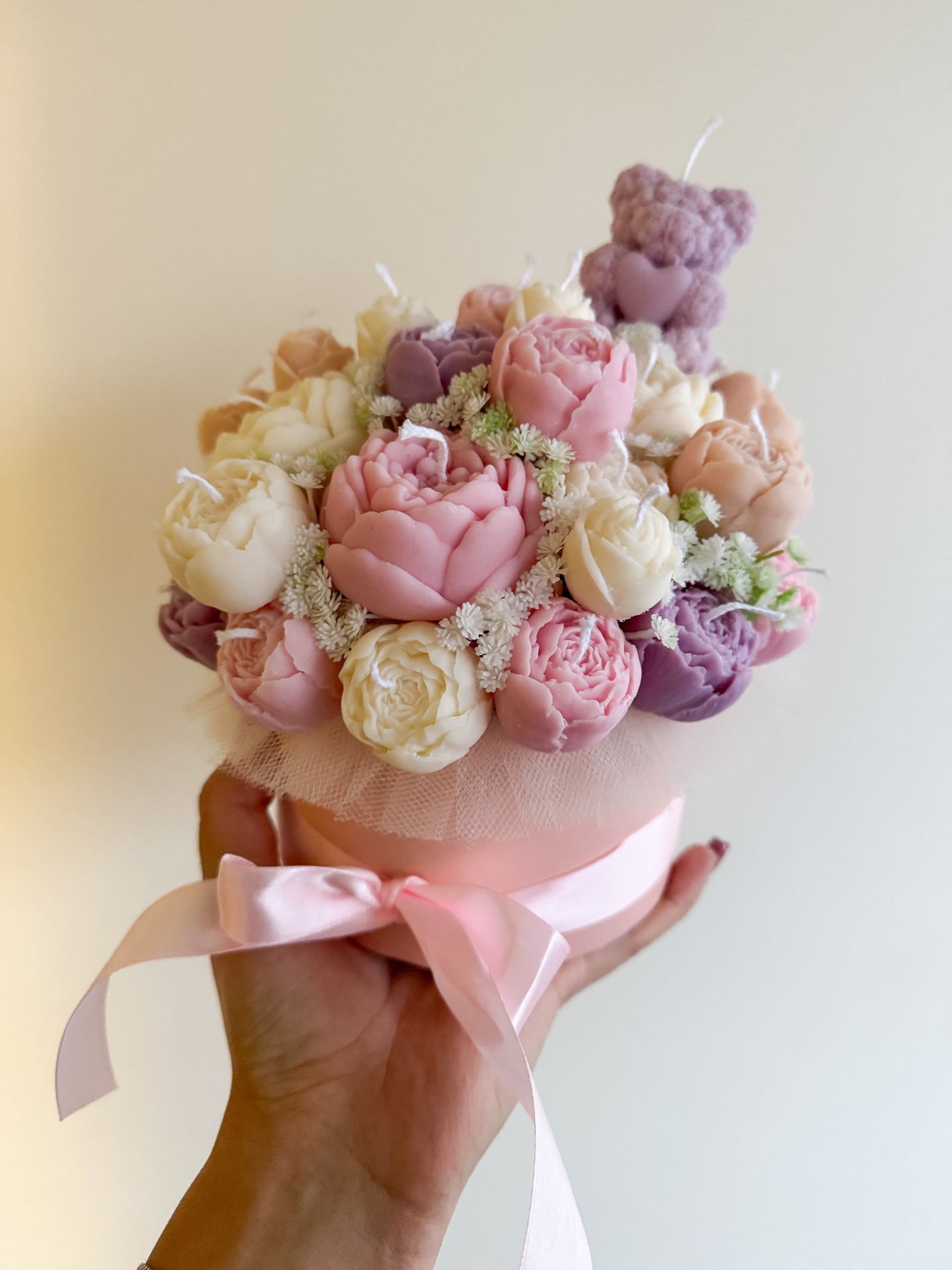 Bouquet de bougies avec mini ours en rose