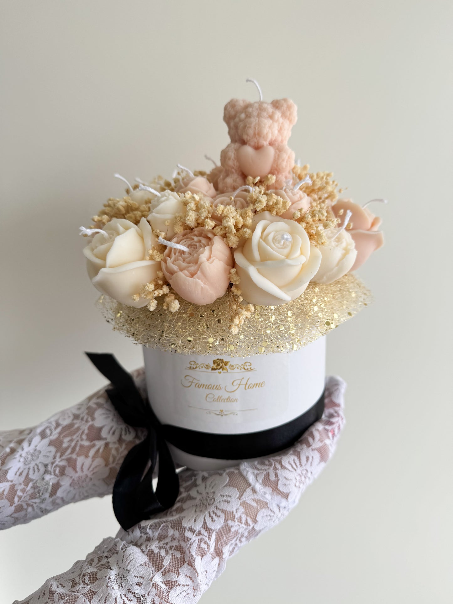 Bouquet de bougies avec mini ours en rose