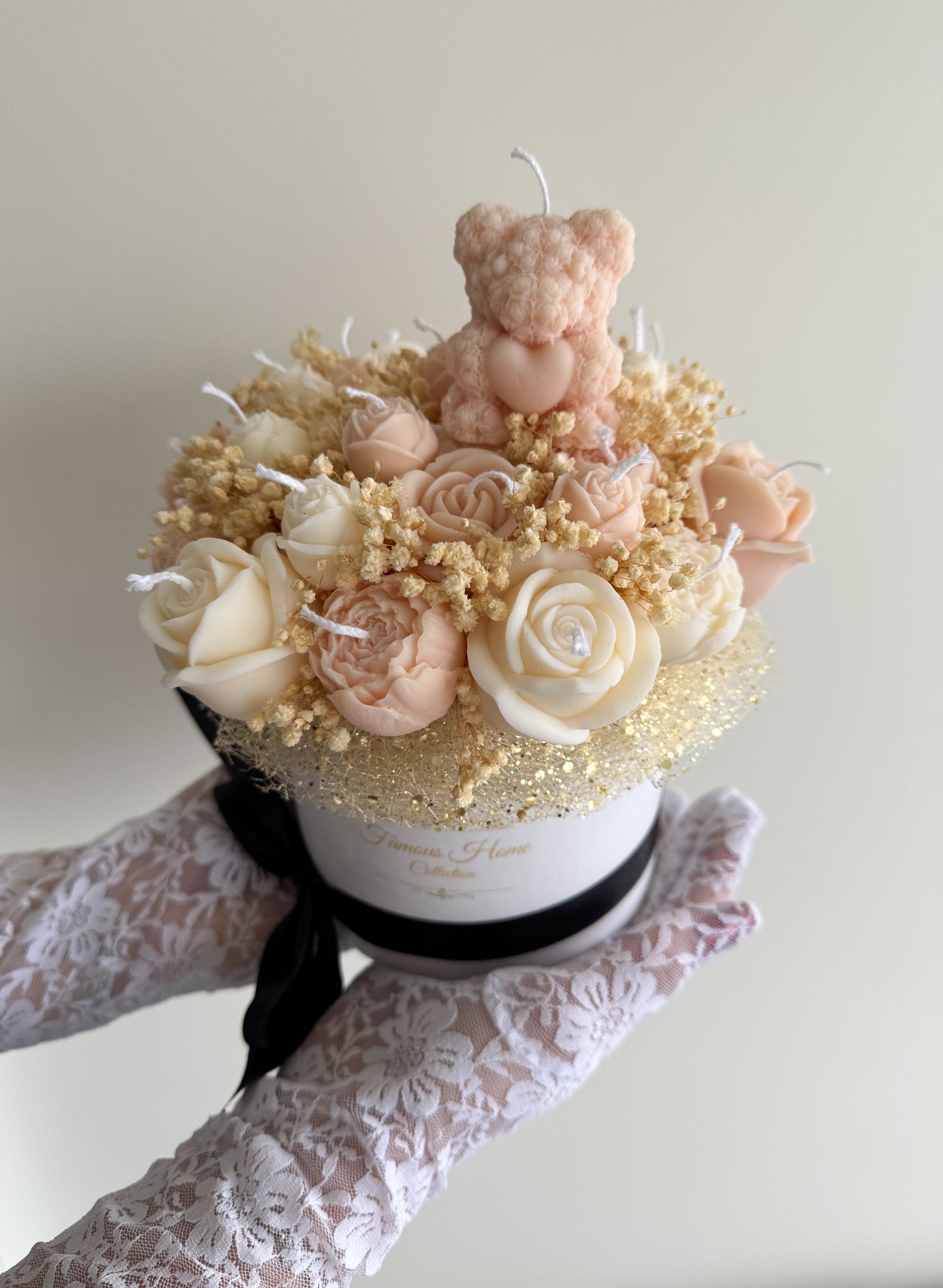 Bouquet de bougies avec mini ours en rose