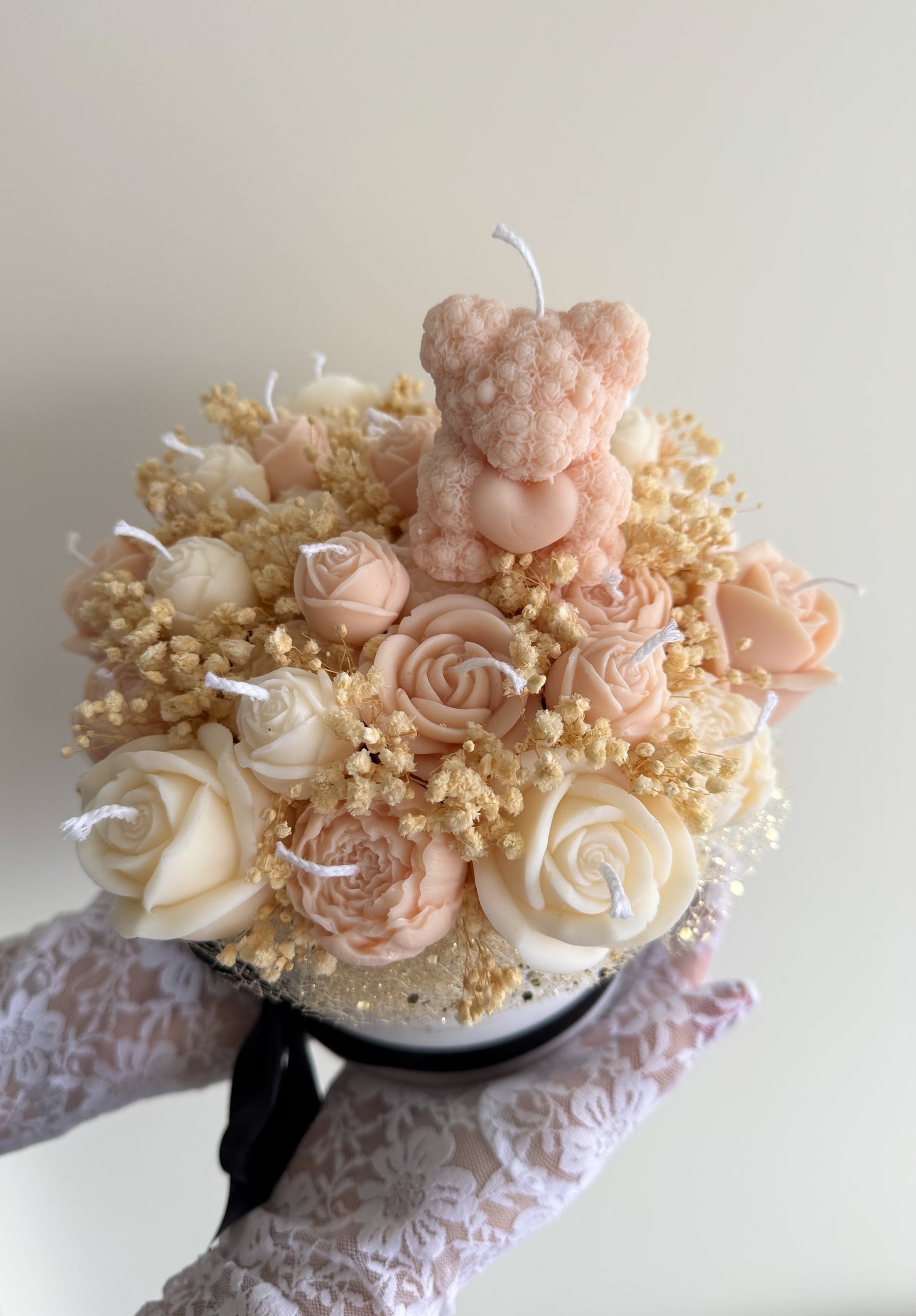 Bouquet de bougies avec mini ours en rose