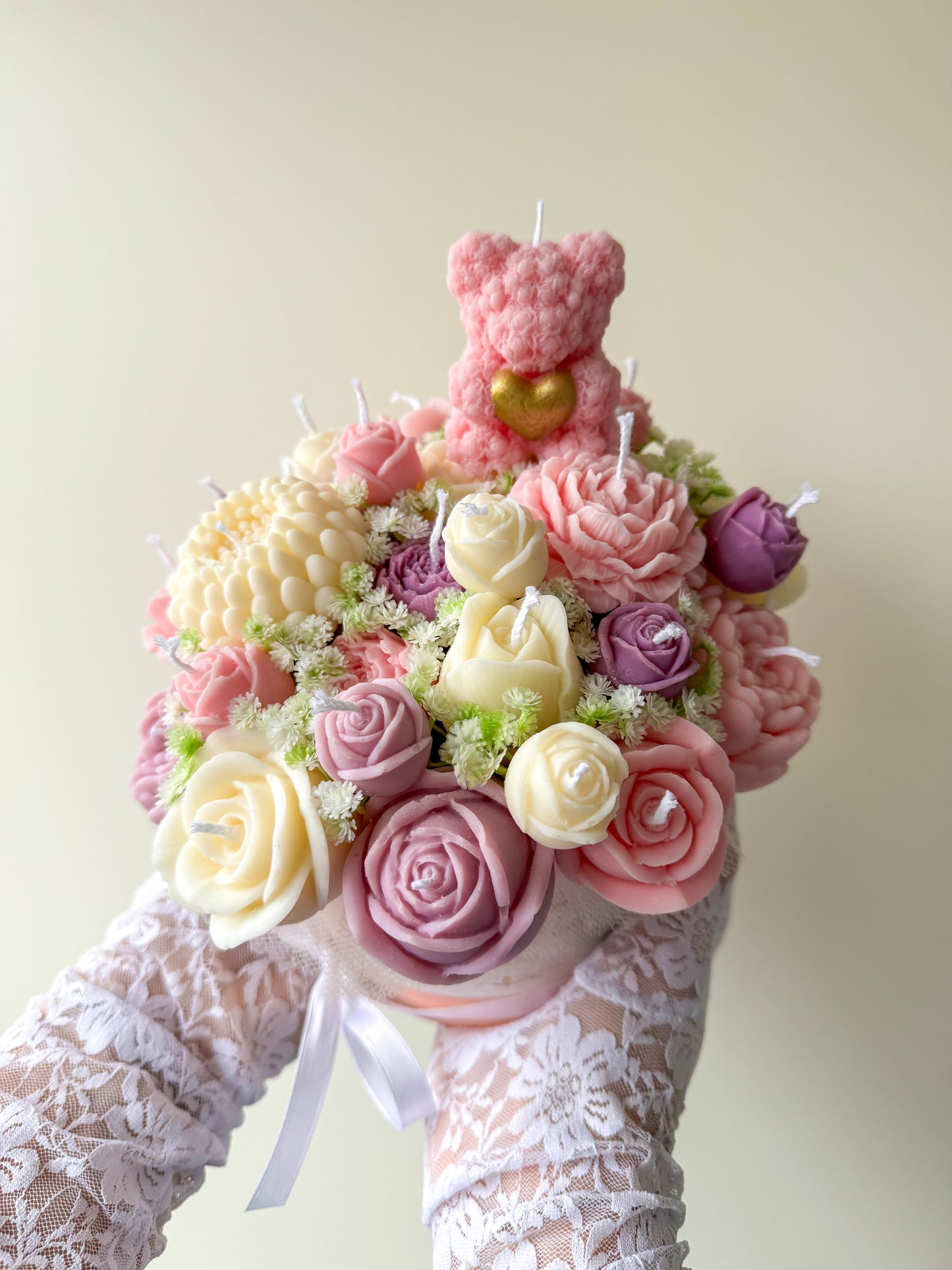 Bouquet de bougies avec mini ours en rose