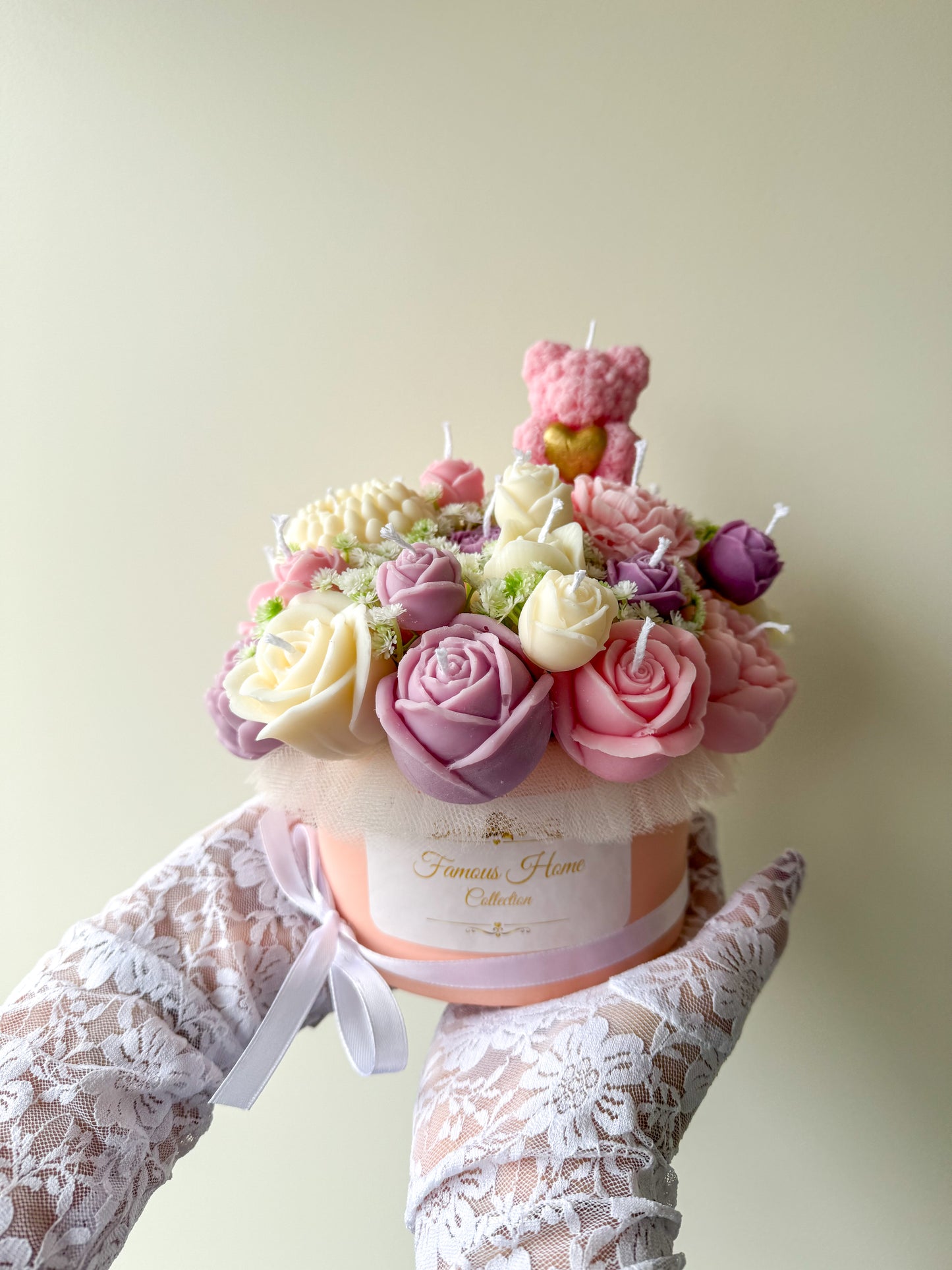 Bouquet de bougies avec mini ours en rose