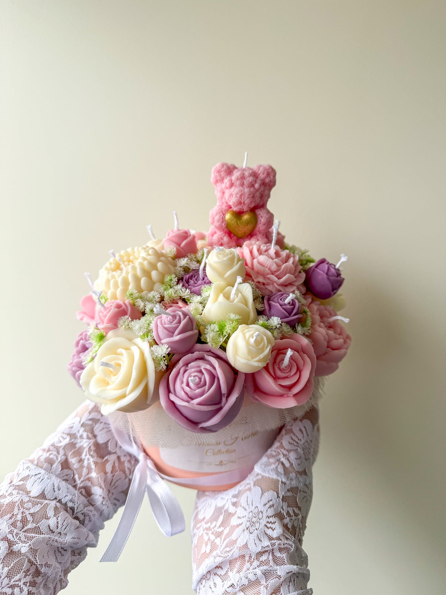 Bouquet de bougies avec mini ours en rose