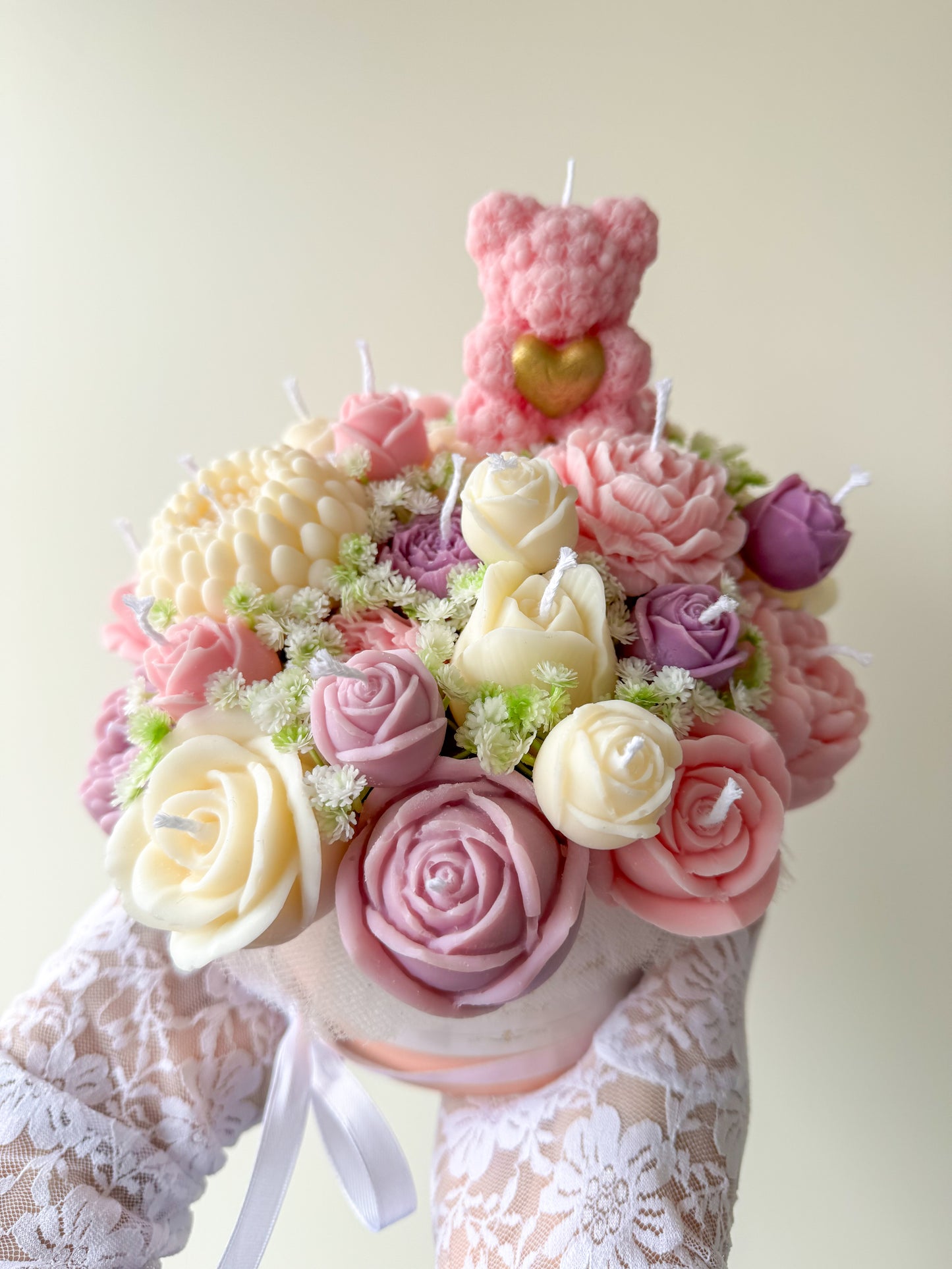 Bouquet de bougies avec mini ours en rose