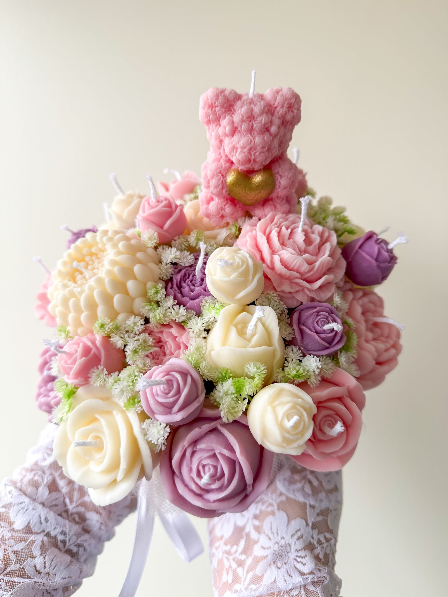 Bouquet de bougies avec mini ours en rose