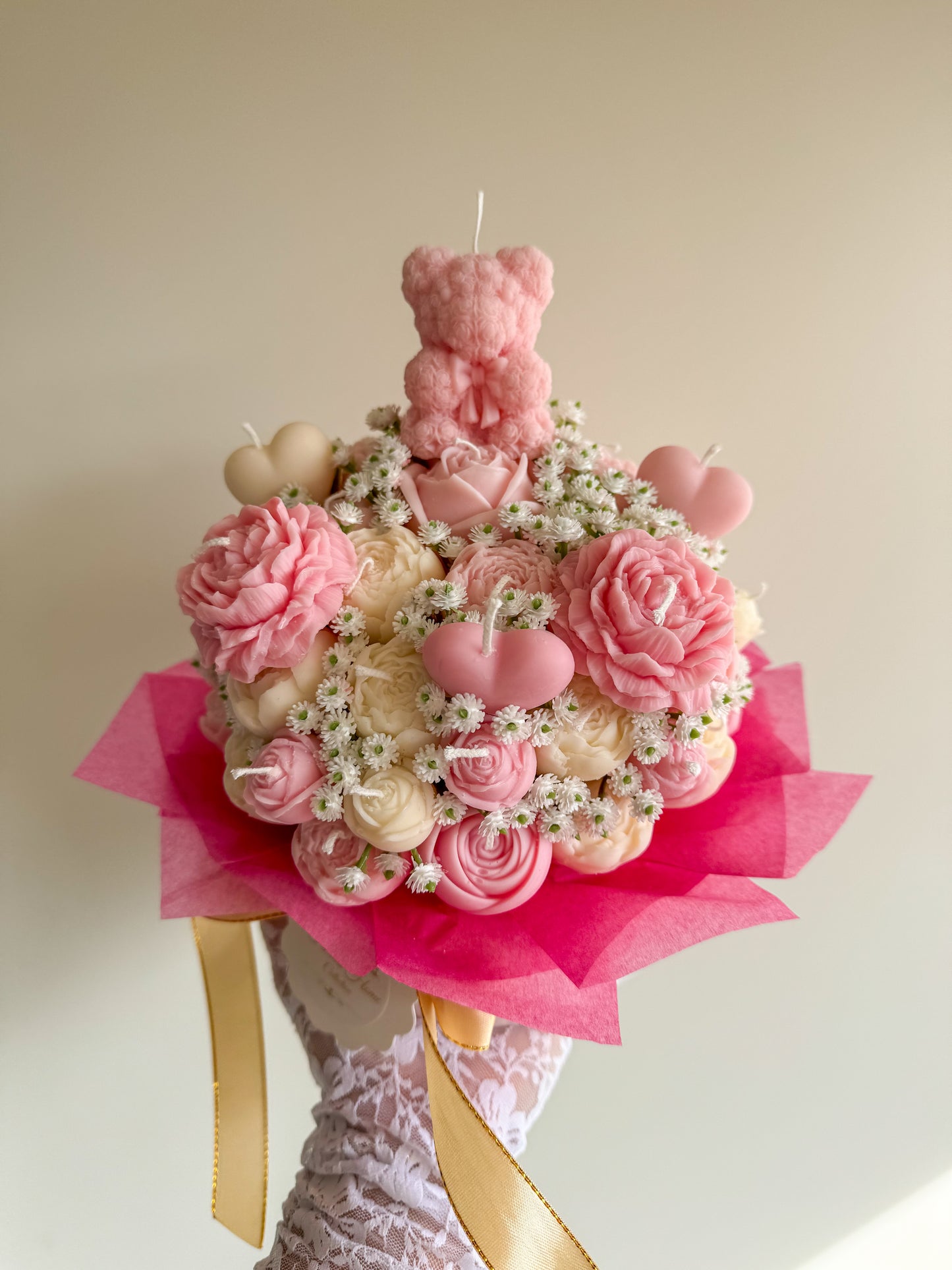 Kerzenstrauß mit Mini-Rosenbär