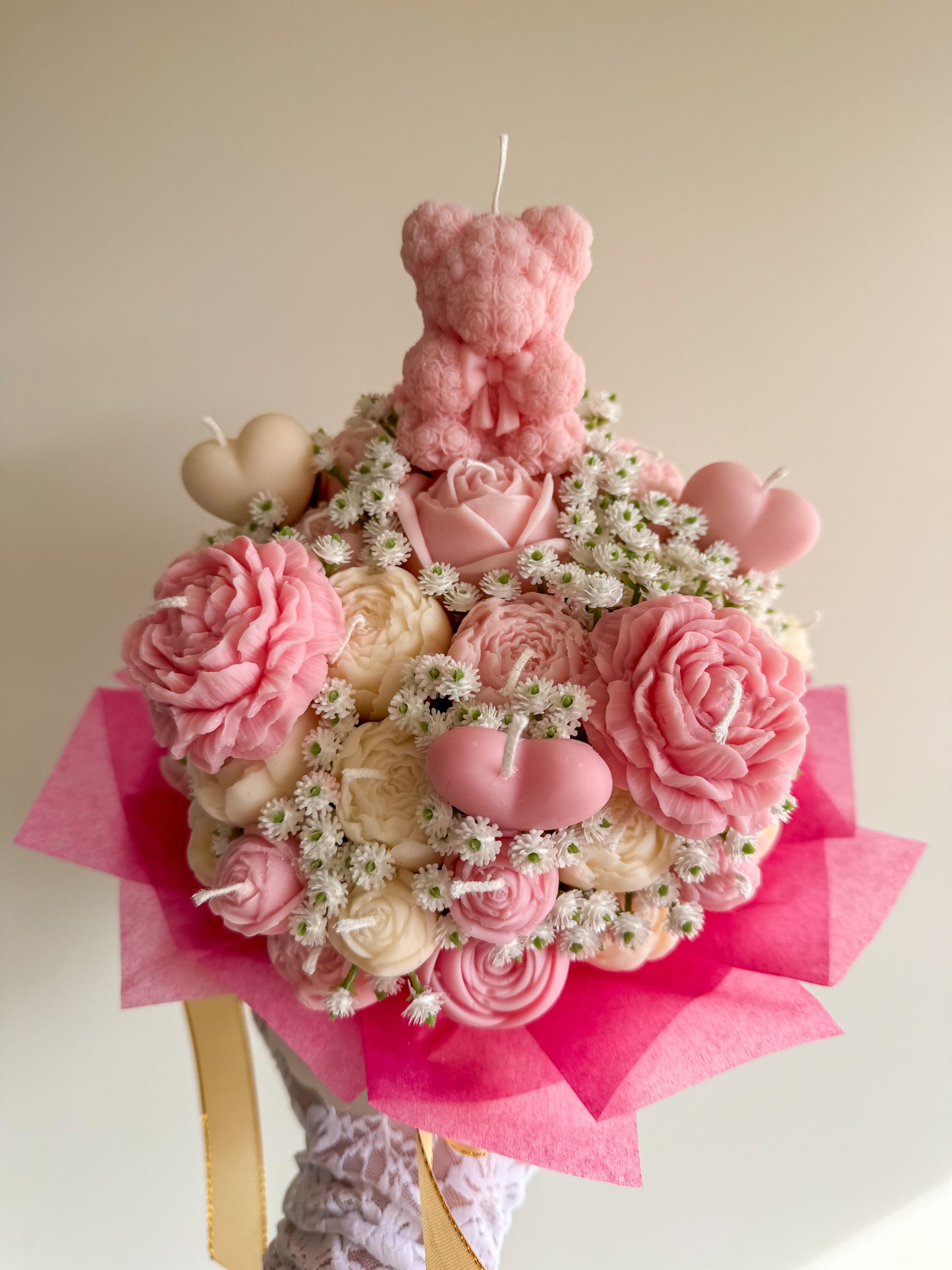 Kerzenstrauß mit Mini-Rosenbär