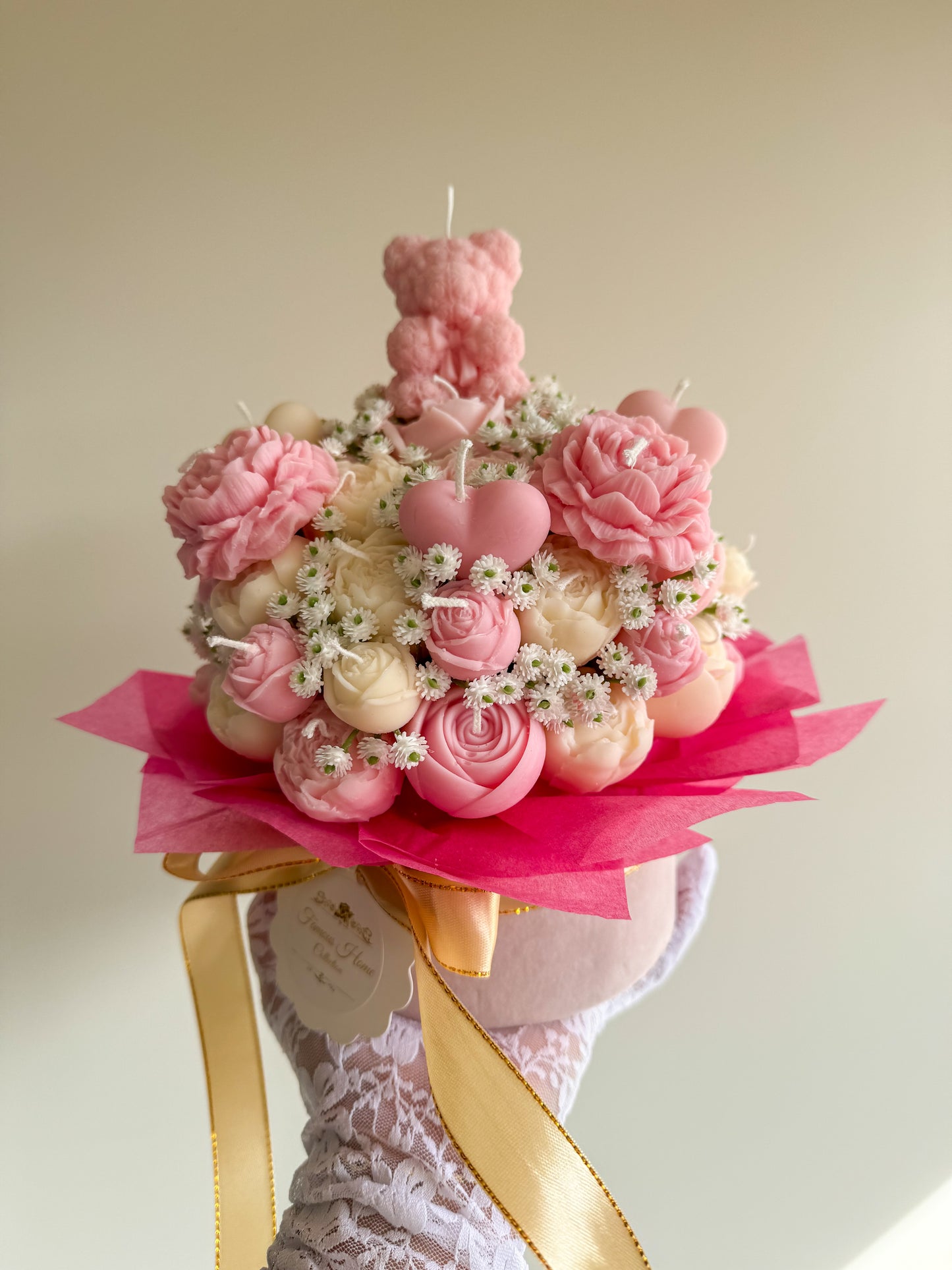 Kerzenstrauß mit Mini-Rosenbär