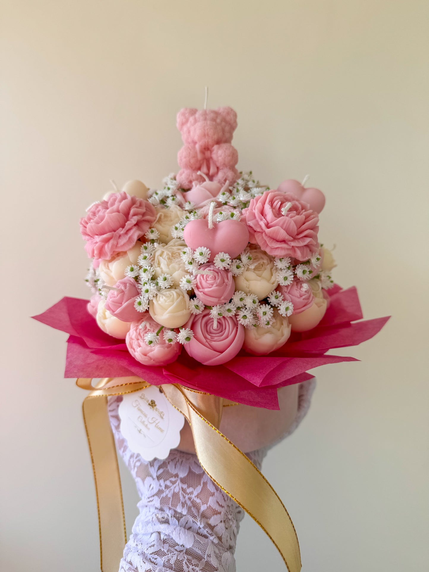 Kerzenstrauß mit Mini-Rosenbär