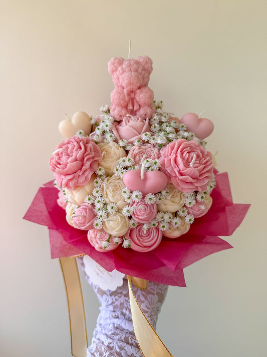 Kerzenstrauß mit Mini-Rosenbär